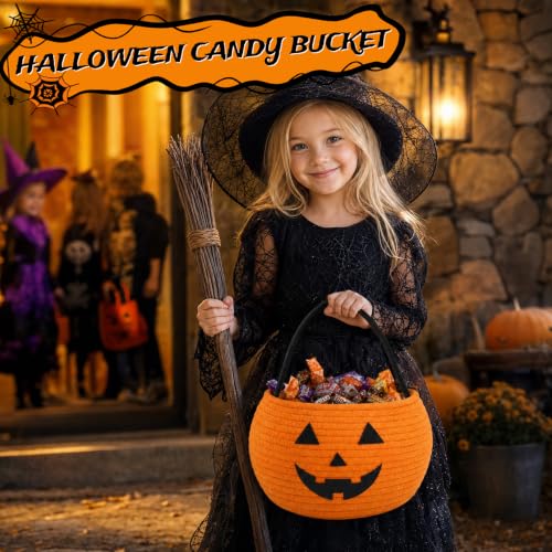 Pumpkin Trick or Treat Basket for Kids - Cotton Rope Halloween Bucket