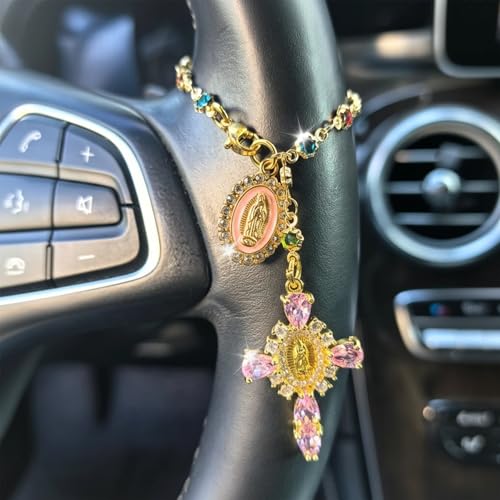 Virgen De Guadalupe Car Charm - Gold-Pink Cross Pendant Decor