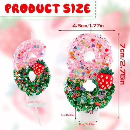 Strawberry Number 3 Birthday Candle - Pink Green Glitter Cake Topper