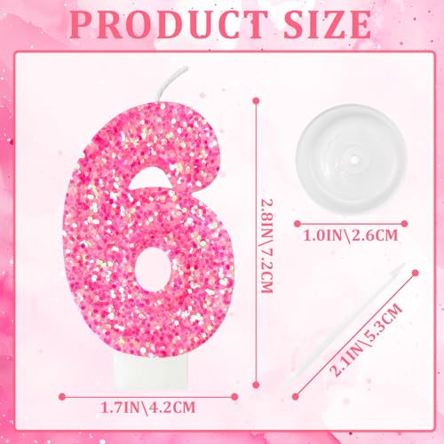 Rose Red Number 6 Birthday Candle – Sparkly Glitter Cake Topper for Girls