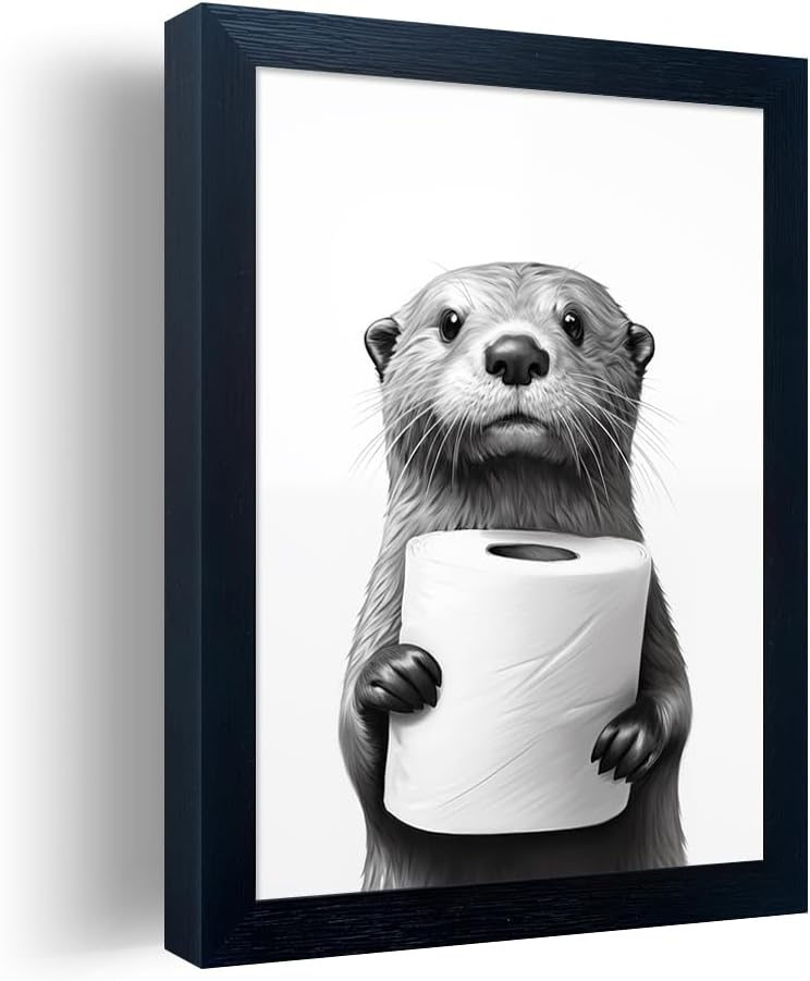 Regine Switzerland Funny Bathroom Wall Art - Framed Black and White Raccoon Canvas Print | Unique Decor