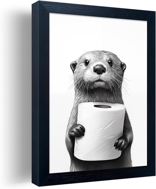 Framed Animal Bathroom Wall Art - Funny Raccoon Holding Toilet Paper | Black and White Canvas Print