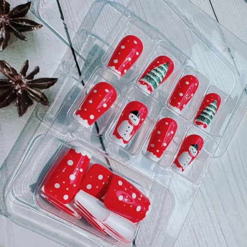Christmas Snowman Press on Nails French Tip Glossy Red Fake Nails