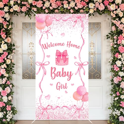 Welcome Baby Girl Door Cover Banner - Pink Bow Coquette Theme Decoration