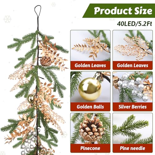 5.2ft Christmas Garland with Lights, Pine Needles, Pinecones, 40 LEDs, Battery Operated Indoor Decor