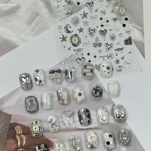 Silver 3D Embossed Self-Adhesive Heart Star Nail Art Stickers