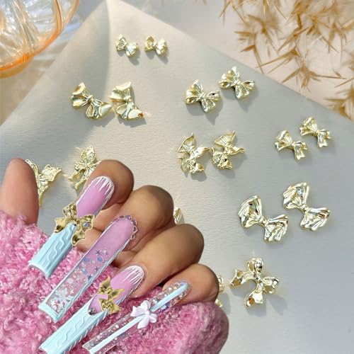 GUAACCB 3D Gold Metal Bow Nail Charms - Shiny Alloy Bowknot Gems for Nail Art