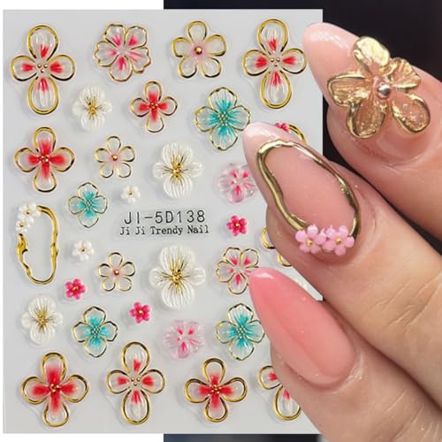 5D Embossed Floral Nail Stickers Lily & Hibiscus Decals, 4 Sheets