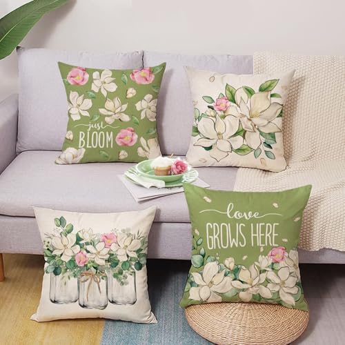 Spring Magnolia Flower Throw Pillow Covers 18x18 - Set of 4