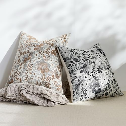 Purewish Vintage Floral Chenille Throw Pillow Covers 18x18 - Camel (Pack of 2)