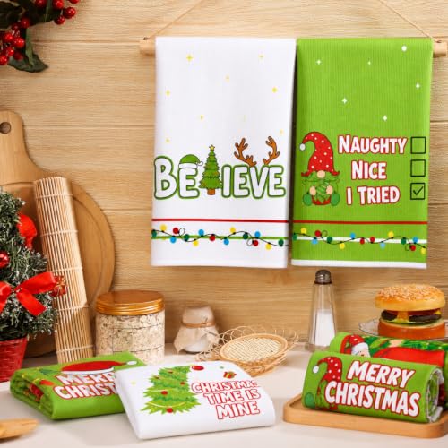 Christmas Kitchen Towels Set - Lime Green Holiday Dish Towels 6 Pack