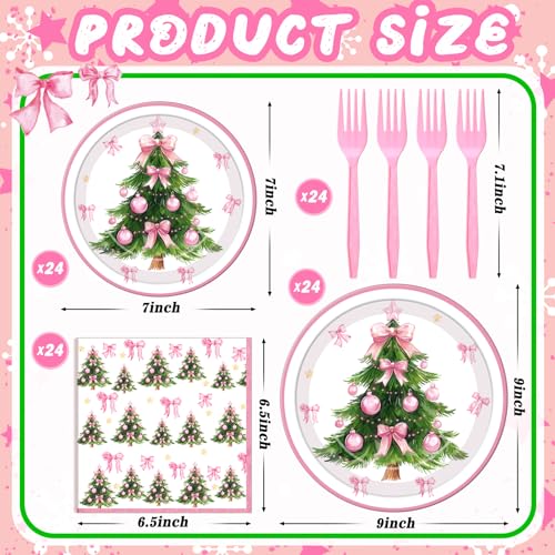 Christmas Pink Bow Paper Plate & Napkin Set - 96 Pcs, Coquette Style