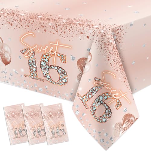 Rose Gold Sweet 16 Party Tablecloths - 3 Pack, 86 x 55 in