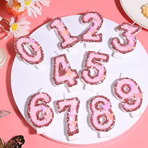 Pink Glitter Number 6 Birthday Candle with Butterfly and Sequins Cake Topper