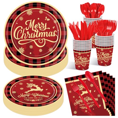 Christmas Party Supplies Set for 25 Guests - Red & Black Holiday Tableware, Plates, Cups, Napkins & Utensils