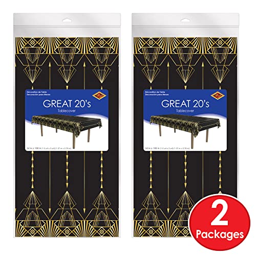 Beistle 2-Count Great 1920s Tablecover, Art Deco Decor & Table Decorations for Party, Hollywood Decor, Plastic Black & Gold Plastic Cover, 54" x 108"