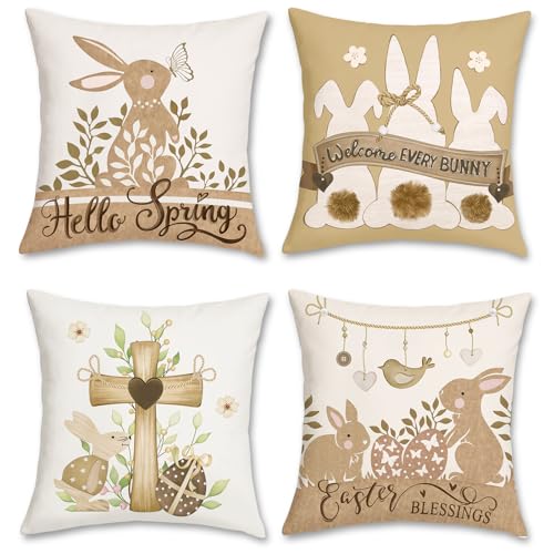 Bonhause Easter Bunny & Egg Throw Pillow Covers 18x18 Inches Set of 4 - Soft Velvet Home Decor