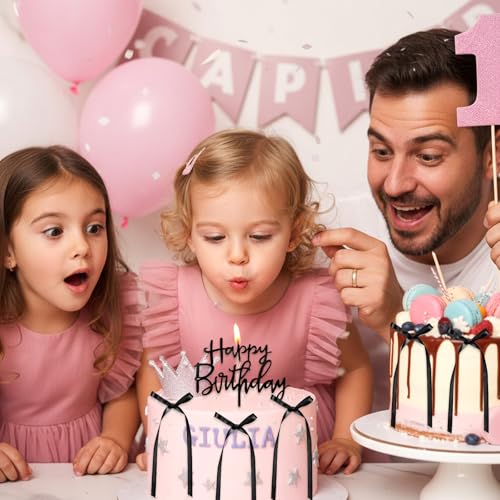 Elegant Black Bow Cake Topper Set with Happy Birthday Sign