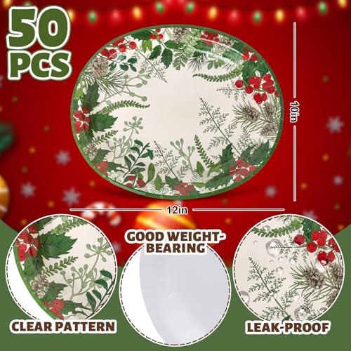 Christmas Oval Paper Plates Holly Berry Pine Cone Disposable Tableware 10x12 Inch - Pack of 50 - Holiday Party Decor