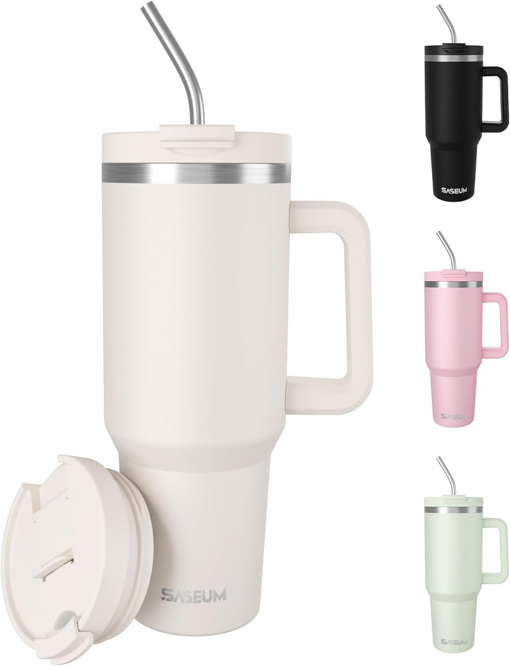SASEUM 40 oz Insulated Tumbler - Double Wall Stainless Steel with Handle & Lid | BPA-Free, White