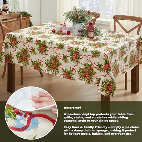 Newbridge Holly Traditions Christmas Vinyl Tablecloth 70x52 Inches - Rectangular Holiday Decor