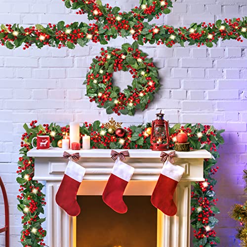 6FT Red Berry Holly Christmas Garland with Lights - Battery Operated