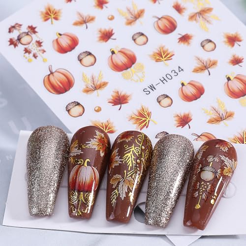 Fall Nail Stickers 4 Sheets 3D Self-Adhesive Maple Leaf Pumpkin Decals