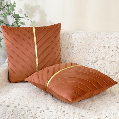 Set of 2 Velvet Throw Pillow Covers 18x18 with Gold Leather - Orange
