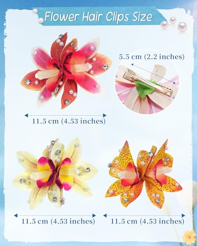 Mesovor 3-Pack Hawaiian Orchid Flower Hair Clips with Pearls for Beach & Wedding