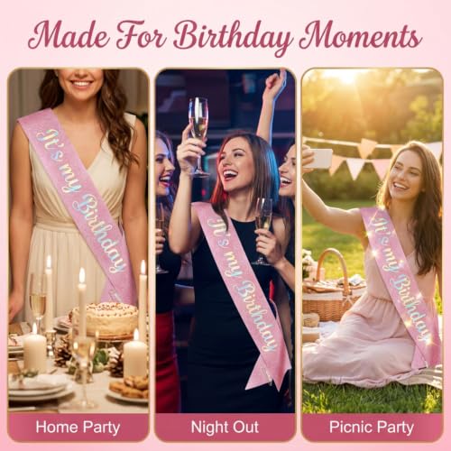 It's My Birthday Pink Glitter Sash with Pearl Pin for Women