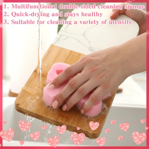 Pink Bow Dish Sponge Set - Dual-Sided Kitchen Cleaning Sponges, 12 Pack, Classic Bow / Pink