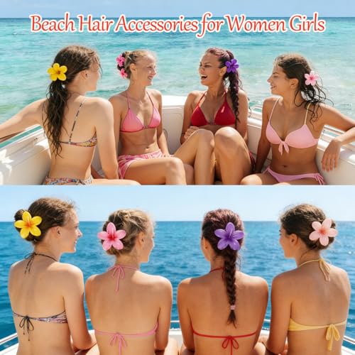 EONFAVE Hawaiian Flower Hair Claw Clips 4PCS, 3.15 Inch Nonslip Strong Hold Hair Accessories for Thick Hair