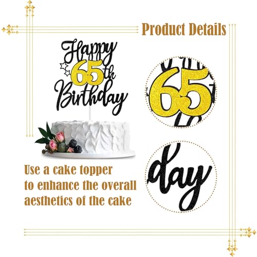 65th Birthday Cake Topper - Black Gold Glitter Decoration