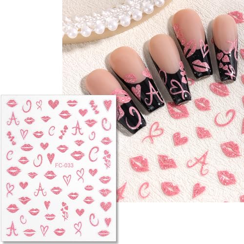 Valentine Glitter Nail Stickers Set - Red Pink Heart & Lips Decals 6 Sheets