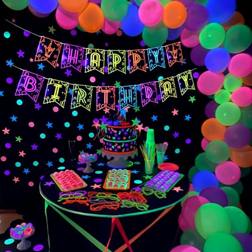 Neon Glow Happy Birthday Banner Pre-Strung Black Light Party Decorations