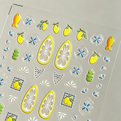 5D Embossed Summer Fruit Nail Stickers Self-Adhesive Lemon Tropical Decals