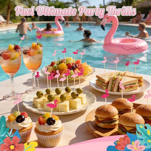 JEMVIK 100PCS Flamingo Cocktail Picks - 4.7 Inch Bamboo Appetizer Skewers