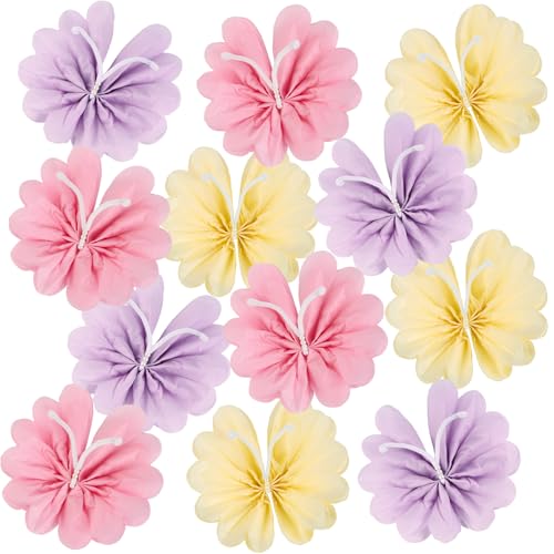 12PCS Butterfly Tissue Paper Pom Poms - Khaki, Pink & Purple Decorations