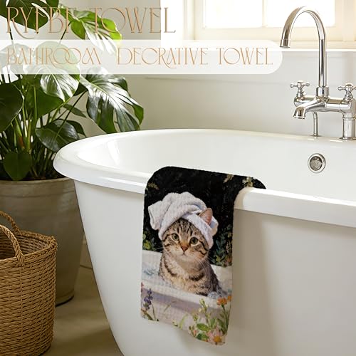 Funny Tabby Cat Hand Towel - Cat Bath Decorative Floral Kitchen Towel 16x24