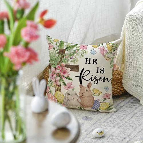 He is Risen Easter Throw Pillow Cover - 18x18 Inch Floral Design