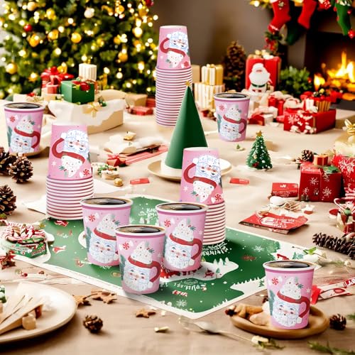 Christmas Paper Cups 50 Pack - Pink Santa Claus Disposable Drinkware, 9 oz Holiday Party Supplies