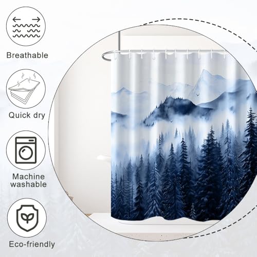 Navy Blue Forest Shower Curtain 72x72 Inch - Waterproof & Machine Washable