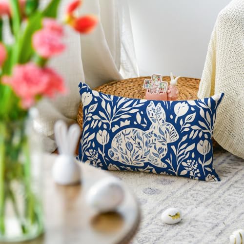 Easter Bunny Throw Pillow Cover - Dark Blue & White, 12x20 Inch
