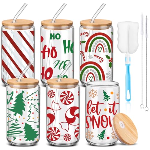 6 Pcs 16 oz Glass Cups with Bamboo Lids & Glass Straws – Candy Variation