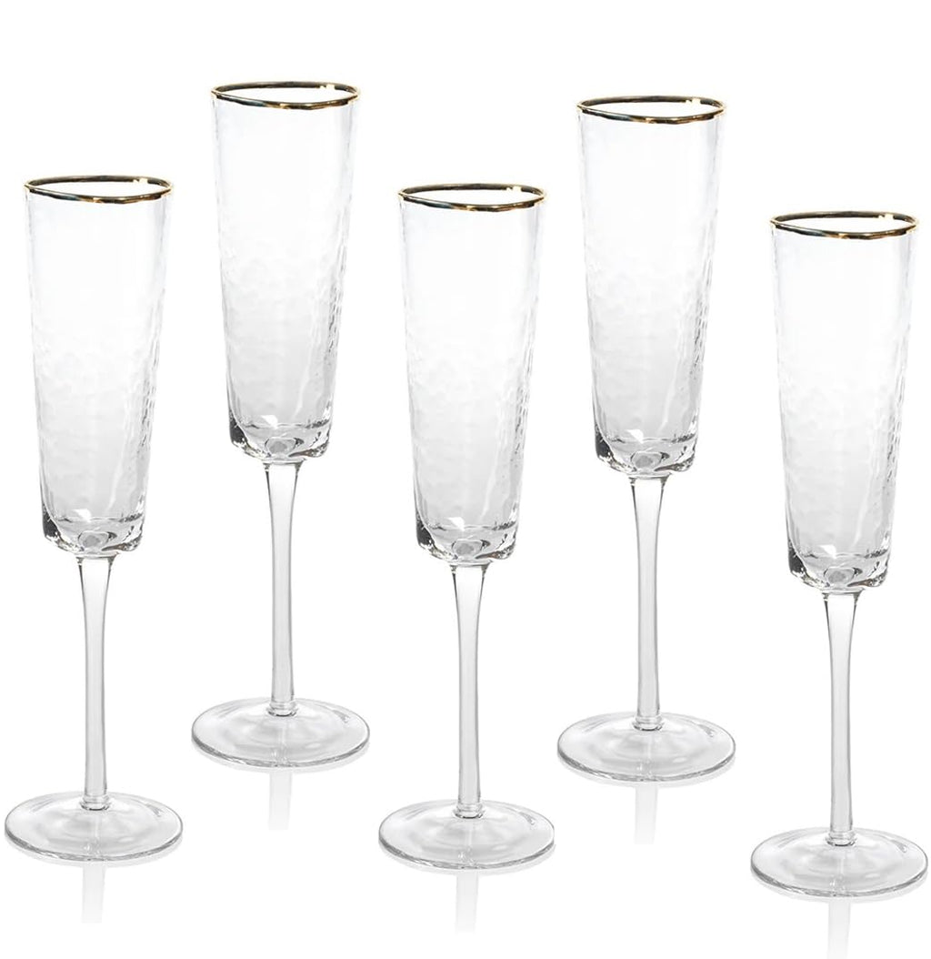 A CIVILIZED MAN Amalfi Hammered Triangular Glassware or Stemware with Gold Rims - Elegant Crystal Cocktail Glassware for Parties, Gifts & Home Bar - Sets of 4 (Champagne - S/4)