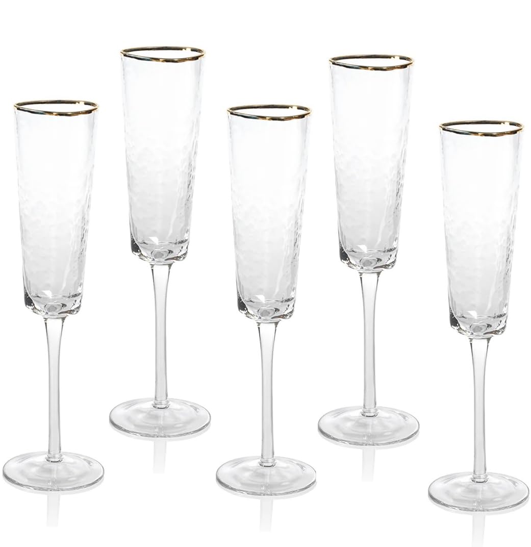 A CIVILIZED MAN Amalfi Hammered Triangular Glassware or Stemware with Gold Rims - Elegant Crystal Cocktail Glassware for Parties, Gifts & Home Bar - Sets of 4 (Champagne - S/4)