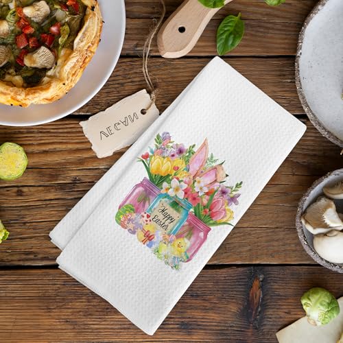 Easter Bunny and Floral Kitchen Towel, Microfiber Hand Dish Towel 16x24