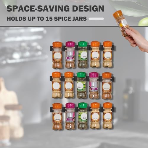 Heavy-Duty Spice Clips 3-Pack, Adhesive Organizer for 15 Jars - Black