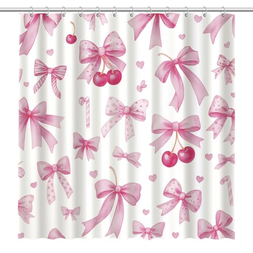 Pink Bow Shower Curtain 72x72 Inch with Cherry Design & Hooks