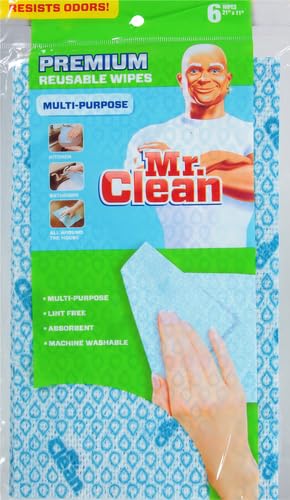 Mr. Clean Premium Reusable Multi-Purpose Wipes - Eco-Friendly & Absorbent, 6 Count